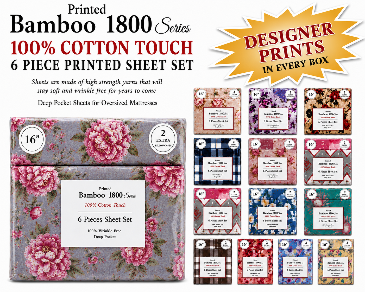 Printed Bamboo 1800 Series 6 Piece Sheet Set | Country Club Wholesale
